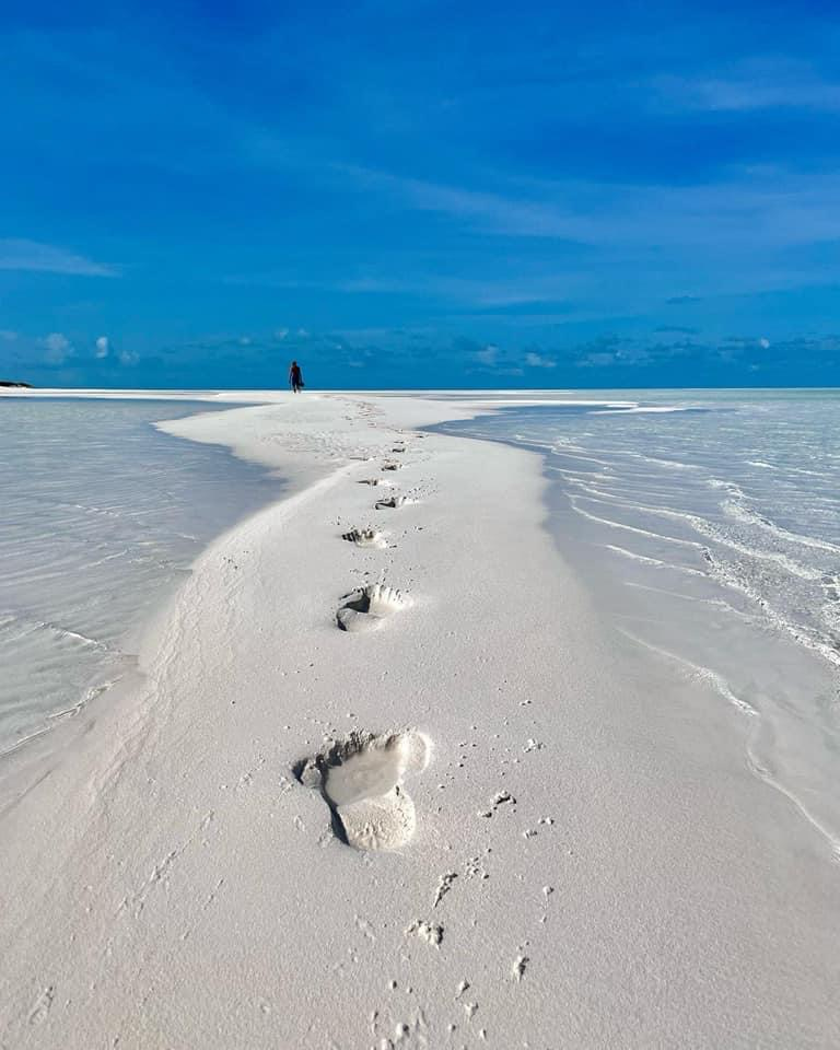 Captain Robbie walking a white sandbar in the Exumas, Bahamas