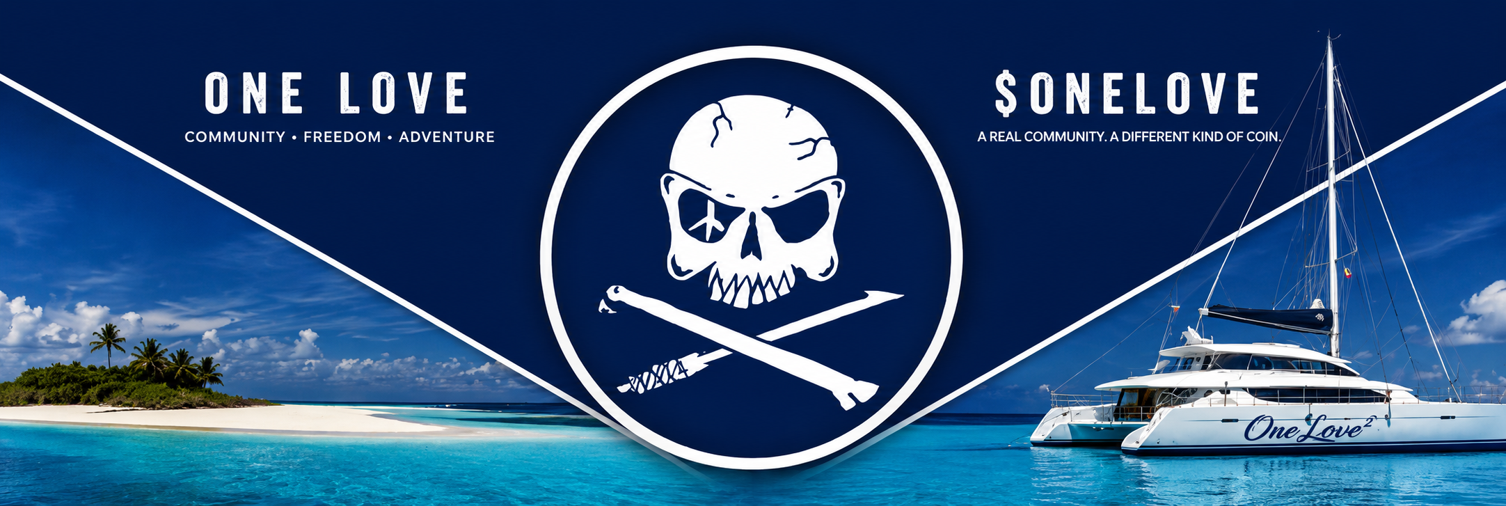 One Love yacht, island and pirate emblem in the Exumas